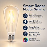 Ampoule LED à filament avec détecteur de mouvement pour micro-ondes E26 E27 B22 5W 8W 8.8W CRI 90+ Dimmable 2700-6500K pour couloir