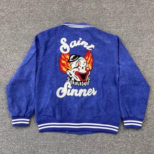 Jaket <span class=keywords><strong>coach</strong></span> streetwear pria korduroi rantai kustom logo tebal biru oem jaket pelatih bergaya kerah ritsleting atas - Product Image 1