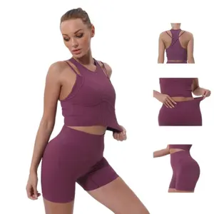 Aoyema Double Layer Especial Solid Color Cross Back Gym Workout Yoga Sports Running Clothing Athletic Bra Short Sets for Women