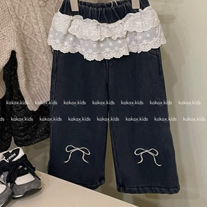 Kids <b>Harem</b> <b>Pants</b> Solid Color Cotton Fleece Lined Lace Trim Embroidered Bow Autumn Winter Fall 2024 - Product Image 5