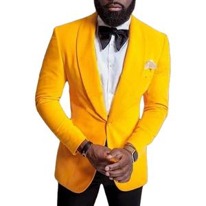 Derniers costumes pour hommes Slim Fit 2 pièces <span class=keywords><strong>smoking</strong></span> en velours jaune avec pantalon noir pour mariage et bal de promo - Product Image 1
