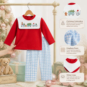 Puresun Trade Assurance Ensemble de vêtements pour garçons personnalisé en 100% coton, avec pantalon à imprimé écossais de Noël et col à revers brodé motif Bonhomme de pain d'épices - Product Image 2