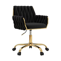 Chaise de bureau/vanité/bureau moderne en velours, réglable en hauteur, pivotante à 360°, avec accoudoirs, dossier tissé à la main, base dorée