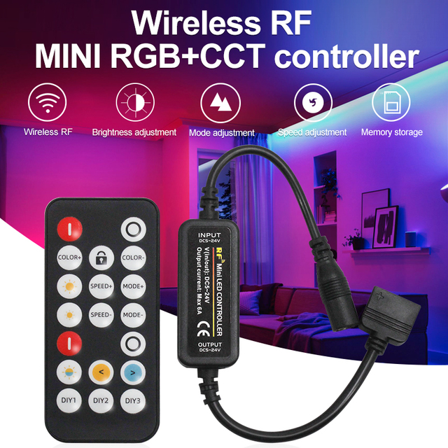 Wireless RF Mini CCT RGB Remote Control 4-Channel 30M Range 144W Max Load 6A Brightness Adjustment Easy Wiring Indoor