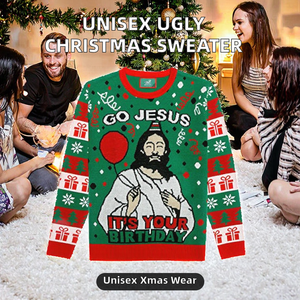 Pull de Noël moche unisexe en tricot écologique pour l'automne, motif lettres, col rond, 'Go Jesus It's Your Birthday', multicolore - Product Image 2