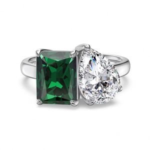 Dylam Fine <b>Top</b> Jewelry Sterling <b>Silver</b> Rhodium Plated Rectangle Pear Shape Double Stone 5A Zirconia Wedding Engagement Band Ring - Product Image 1