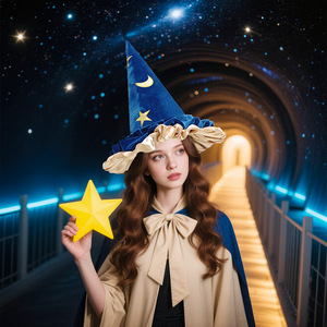 DAMAI Halloween Adult Kids Witch Star Hat Party Decor Cosplay Witch Hat Moon Blue Pattern Festival Photo Props Hat Decoration - Product Image 1