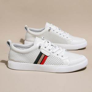 White <b>Leather</b> <b>Sneakers</b> Men Breathable Perforated Flat Low Top Casual Shoes for Leisure Rubber Outsole - Product Image 2