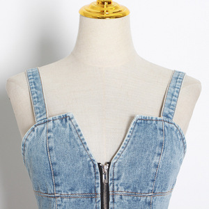 A3934 2024 Venta al por mayor Moda <span class=keywords><strong>Bule</strong></span> Color Empalme Tirantes Delgado Casual Cremallera Mujeres Vestido corto de mezclilla - Product Image 5