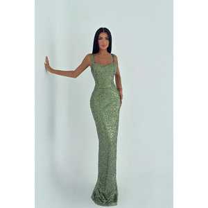 Robe de soirée de luxe verte à sequins, col montant, manches courtes, fleurs en perles, pour femme, élégante, longue, à bretelles - Product Image 2