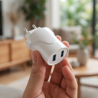 Chargeur mural UE avec sortie CC 5V 2.4A, double ports USB-A, charge rapide, certifié CE RoHS, prise UE pour ordinateur portable et téléphone portable