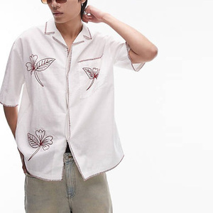 Oem <span class=keywords><strong>Chemise</strong></span> <span class=keywords><strong>blanche</strong></span> en lin brodée et décontractée à manches courtes et à col rabattu pour hommes - Product Image 1