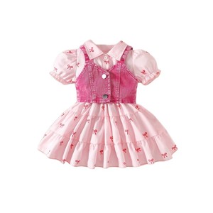 Completo estivo in cotone per bambina, stile europeo-americano, nuovo arrivo, con <span class=keywords><strong>vestito</strong></span> stampato con fiocco e bretelle in denim, trattamento morbido - Product Image 5