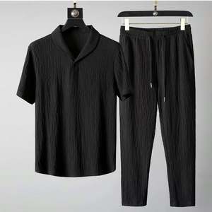Ensemble d'Été 2 Pièces pour Homme Haut à Manches Courtes et Pantalon Long Couleur Unie Col Polo à Boutons Pantalon à Taille Élastique Survêtement - Product Image 2