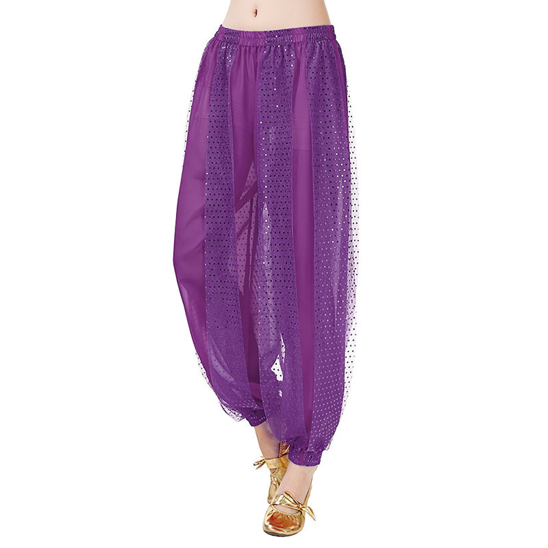 Pantalones bombachos de danza del vientre con lentejuelas moradas