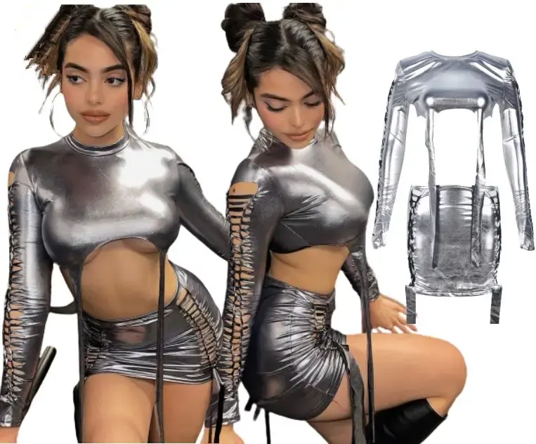 2023 Summer Club Wear Hollow Out Stretch 2 Piece Set Women Clothing With Metallic Style Crop Tops And Mini Skirt Sets