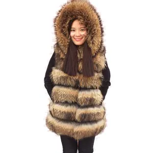 フード付き卸売女性冬ふわふわ毛皮ジレアライグマ高品質女性アライグマ毛皮ベスト