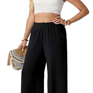 Pantalon palazzo ample pour femme, coupe décontractée, taille élastique, doux, décontracté, pour tous les jours, avec poches latérales, noir - Product Image 5