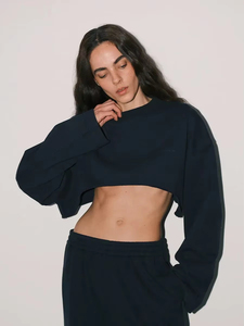 Conjunto de Sudadera Corta para Mujer, Color Sólido, Cuello Redondo, Manga Larga, Corte Holgado, Chándal de Algodón, Ropa Casual de Primavera - Product Image 5
