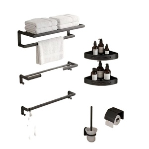 Ensemble de porte-serviettes de salle de bain en acier inoxydable noir, étagère murale avec porte-papier toilette et panier d'angle - Product Image 1