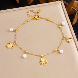 Ocean Animal Charm Anklet Gold Plated Stainless Steel Turtle Octopus Whale Pendant Imitation Pearl Tiny Bead Ankle Chain Women - Product Image 4