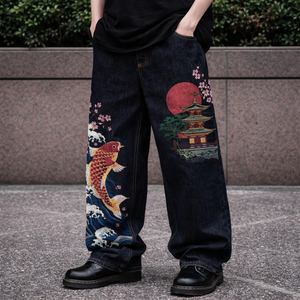 กางเกงยีนส์เดนิมทรงตรงสำหรับผู้ชาย OEM ปักลายปลาคาร์ฟ ซากุระ และลายวัด - Product Image 3