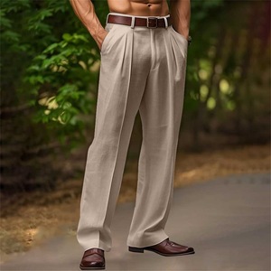 Nuovo da uomo con tasca inclinata a doppia piega in <span class=keywords><strong>lino</strong></span> tinta unita da esterno ogni giorno <span class=keywords><strong>pantaloni</strong></span> larghi a gamba dritta traspiranti - Product Image 4