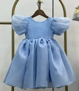 Hoge Kwaliteit Effen Kleur Ruche Strik Mouw Kids Luxe Bloem Meisjes Tutu Jurken Verjaardagsfeest Prinses Jurk Voor Meisje