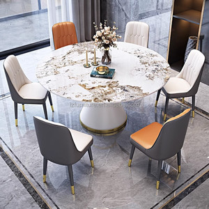 Table de salle à manger ronde de luxe en marbre, plateau rétractable en pierre frittée, base conique en métal, table de banquet moderne pour restaurant - Product Image 3