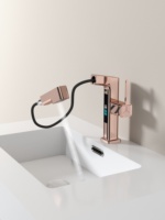 Robinet de lavabo extractible tout en laiton couleur or rose avec affichage numérique intelligent de la température, mitigeur monocommande chaud/froid pour salle de bain