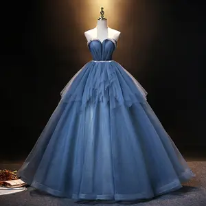 Gaun pesta tanpa tali Tulle biru dongker buatan kustom ZX-460 gaun Quinceanera leher hati manis dengan sabuk berlian