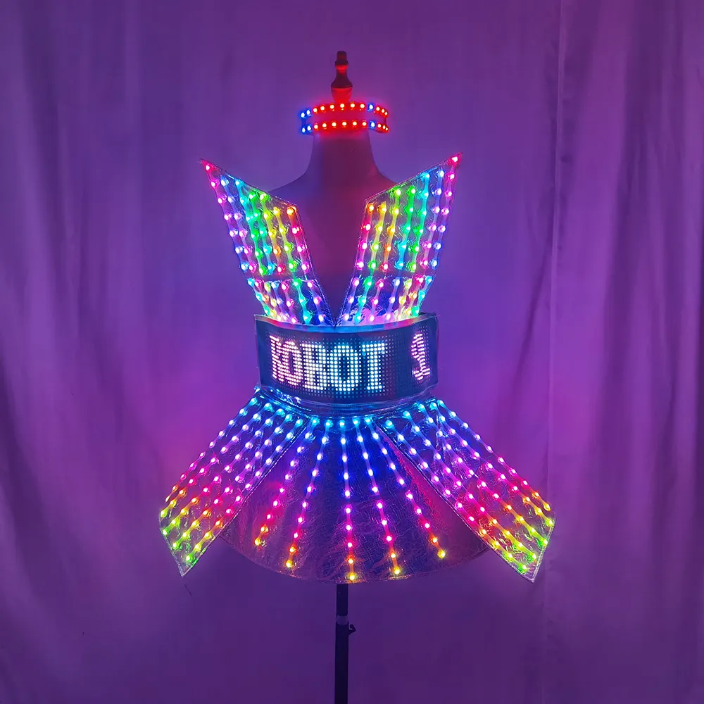 Vestido LED con espejo láser brillante para mujer, diseño impreso, traje de cumpleaños de noche para DJ Gogo Dancer Singer para discotecas, bares
