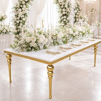 Table de banquet moderne en acier inoxydable doré avec plateau en MDF, mobilier d'hôtel pour salon d'hôtel, mariages et événements