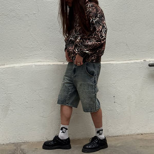 MZN Custom <span class=keywords><strong>Jeans</strong></span> mezzi corti da <span class=keywords><strong>uomo</strong></span> larghi con lavaggio acido in Denim sbiadito da sole 3D goffratura Jorts Streetwear stile Y2K - Product Image 5