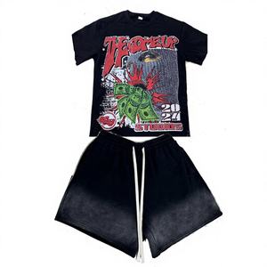 Meilleurs T-shirts et shorts décontractés tendance, streetwear personnalisé, T-shirts délavés à l'acide, impression par transfert thermique, polyester, ensemble 2 pièces pour hommes - Product Image 1