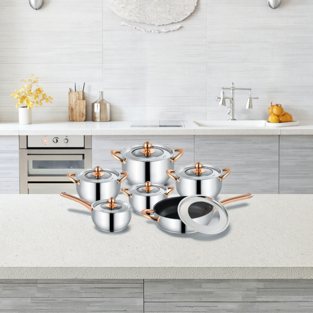 Modern Eco-friendly Stainless Steel Soup Pot Set Belly Shaped 12PCS Thickened Double Bottom Glass Cover Rose Gold Handle Pots · image 3