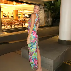 OJW889 Summer New Casual Sleeveless Backless Floral Print Tight Fitting Long Dress