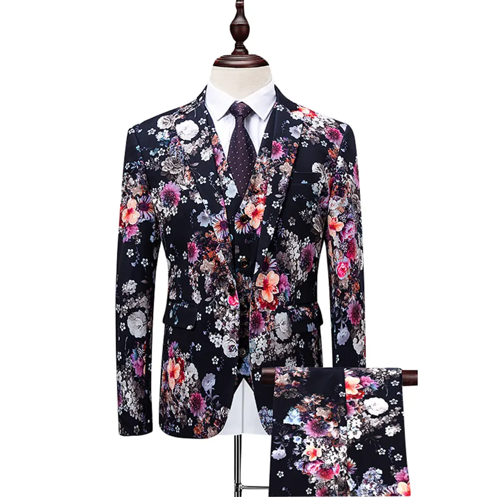 Traje ajustado de un botón con un solo botón para hombre, chaqueta de 3 piezas con estampado floral y personalidad para fiesta y club nocturno