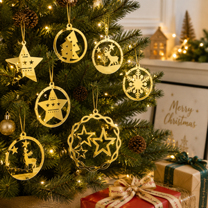 Ensemble d'ornements de Noël en acrylique doré miroir, découpés au laser, pendentifs creux, décorations suspendues pour arbre de Noël - Product Image 3