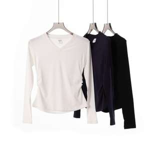 RUICHI Kaos Wanita Model Kerut Pinggang V-Neck Lengan Panjang 230g Baju Dasar dengan Lipatan Pinggang Atasan Sederhana Serbaguna - Product Image 2