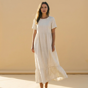 Vestido Vintage de Lino Orgánico con Dobladillo de Hoja de Loto, Manga Corta, Bolsillos Laterales, Talla Grande para Mujer, Precio de Fábrica - Product Image 3