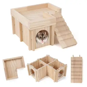 Mainan eksplorasi terowongan Hamster kayu Multi kamar dengan tangga, aksesori kandang rumah Hamster kayu dan tersembunyi
