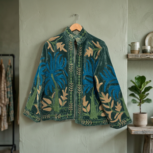 Veste en velours vert foncé pour femme, broderie florale, col mandarin, manches longues, fermeture éclair, style ethnique bohème, automne - Product Image 2