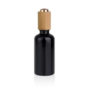 50ml Kosmetik verpackung feste schwarze ätherische Öl flasche mit mit Bambus überzogener Pump tropfer