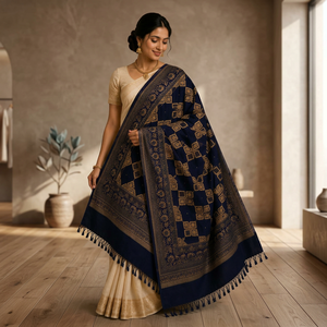 Hand Embroidered Long Ajrak Scarf Viscose <b>Shawl</b> <b>Navy</b> <b>Blue</b> Floral Leaf Border Tassel Wrap Breathable Lightweight for Daily Wear - Product Image 5