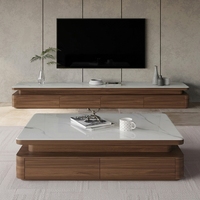 Nouvel ensemble de meuble TV et table basse en bois massif de style minimaliste italien, ton noyer, design Mid-Century Modern, plateau en roche, aucun assemblage requis