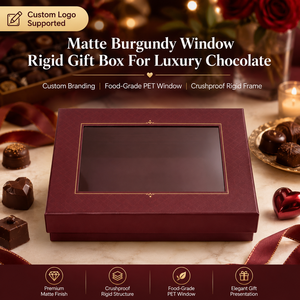 Caja <span class=keywords><strong>de</strong></span> Regalo Rígida Personalizada con Ventana <span class=keywords><strong>de</strong></span> PET Color Borgoña Mate, Apta para Alimentos, para Chocolates y Confitería, con Tapa y Base, para Exhibición <span class=keywords><strong>de</strong></span> Bodas y Productos Gourmet - Product Image 1