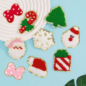 Small Iron on Embroidery Cute <b>pink</b> Christmas Tree Santa Claus Snow Chenille Patch for Decoration - Product Image 1