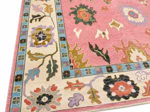 Alfombra Floral Anudada a Mano, Rectangular, de Lana y Acrílico, Pelo Medio, Estilo Oriental, Rosa Beige, Decoración para Sala de Estar - Product Image 1
