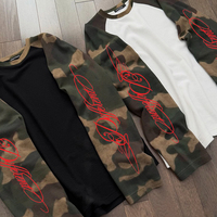 T-shirt à manches longues en tricot gaufré imprimé camouflage, brodé, vente en gros OEM